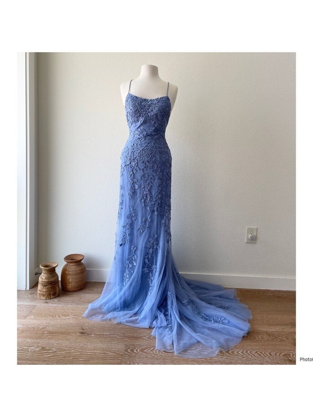 Sherri Hill Blue Lace Evening Gown Mermaid Medium Tail Prom Dress Party Size 6